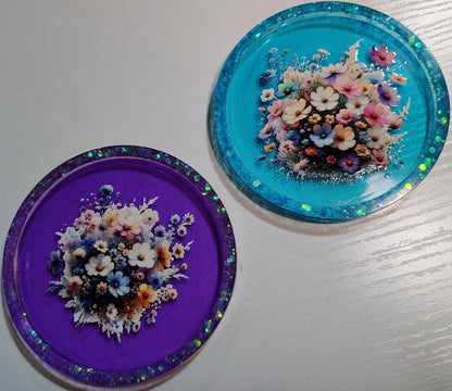 **Handcrafted Floral Resin Trinket Tray Set - Purple & Teal Botanical Jewelry Dish | Shimmering Vanity Decor by Crazy Chaotic Crafter**