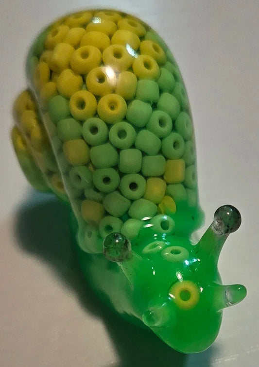 **Handcrafted Key Lime Beaded Resin Snail Figurine - Vibrant Green Maximalist Decor | Whimsical Artisan Desk Companion by Crazy Chaotic Crafter**