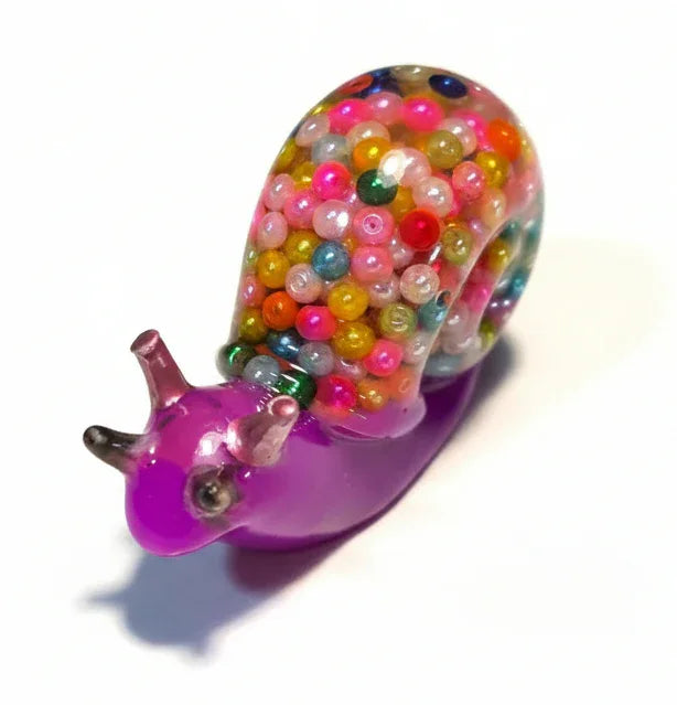 **Handcrafted Bright Violet Multicolor Beaded Resin Snail Figurine - Rainbow "Gumball" Maximalist Decor | Whimsical Artisan Desk Pet by Crazy Chaotic Crafter**