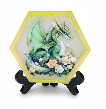 **Handcrafted Green Dragon & Cream Roses Resin Hexagon Plaque - Yellow Glitter Fantasy Decor | Crazy Chaotic Crafter**