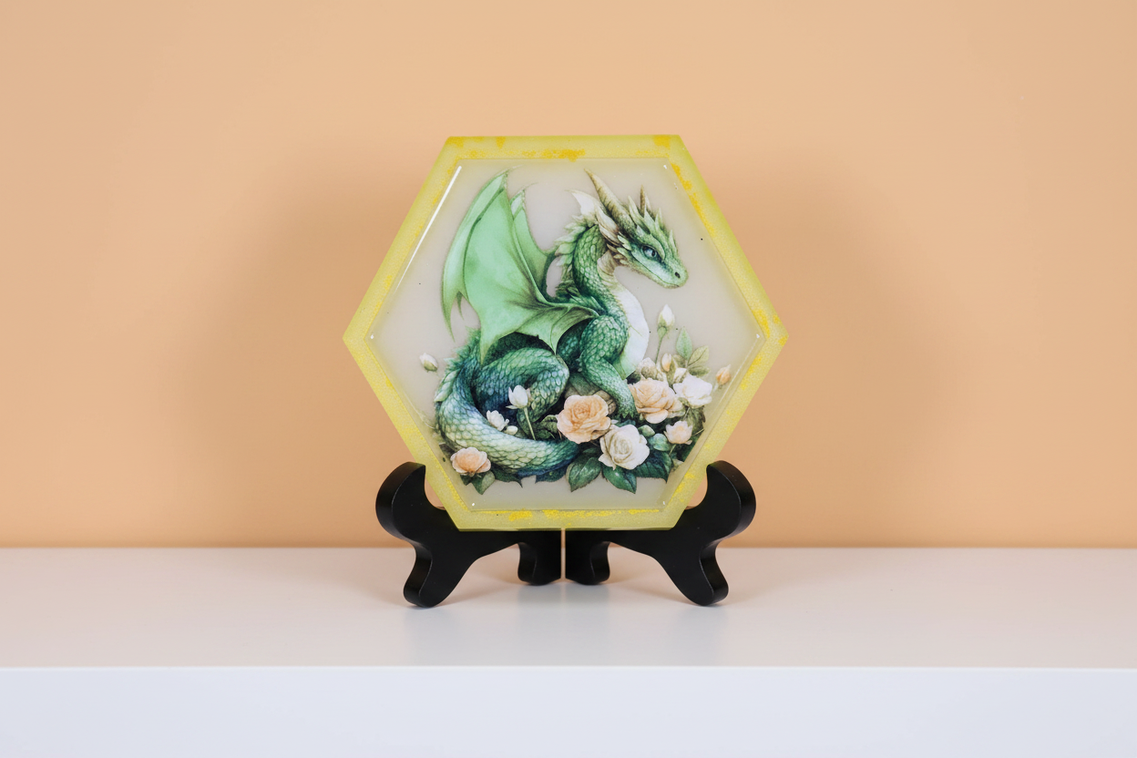 **Handcrafted Green Dragon & Cream Roses Resin Hexagon Plaque - Yellow Glitter Fantasy Decor | Crazy Chaotic Crafter**