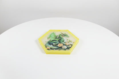 **Handcrafted Green Dragon & Cream Roses Resin Hexagon Plaque - Yellow Glitter Fantasy Decor | Crazy Chaotic Crafter**