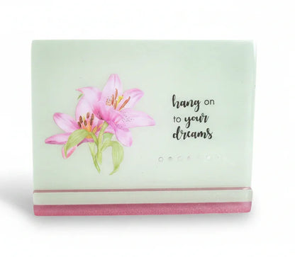 **Handcrafted Floral Lily Resin Plaque - "Hang On To Your Dreams" Inspirational Art | Soft Sage Green Decor by Crazy Chaotic Crafter**
