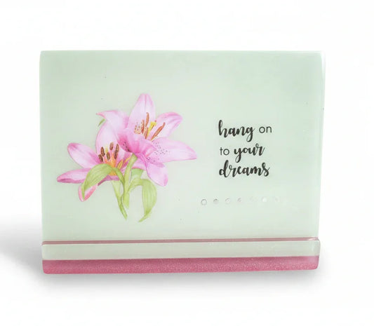 **Handcrafted Floral Lily Resin Plaque - "Hang On To Your Dreams" Inspirational Art | Soft Sage Green Decor by Crazy Chaotic Crafter**