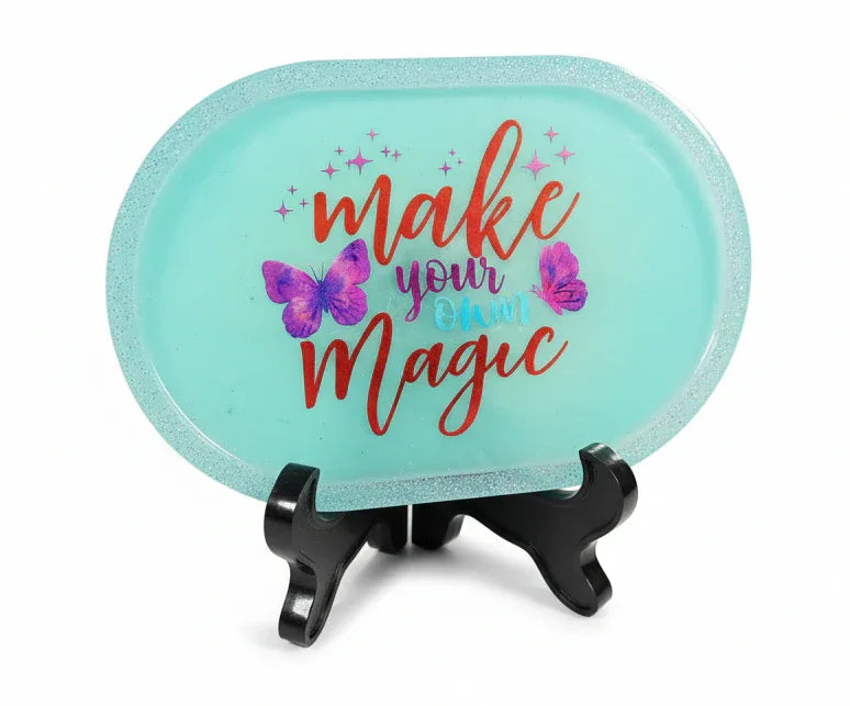 **Handcrafted "Make Your Own Magic" Resin Trinket Tray - Teal Butterfly Jewelry Dish | Inspirational Vanity Decor by Crazy Chaotic Crafter**