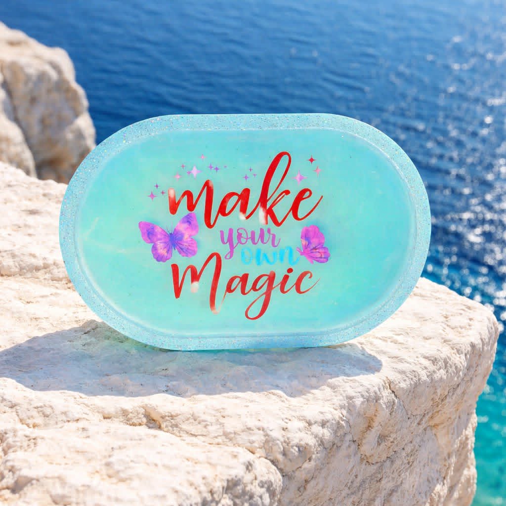 **Handcrafted "Make Your Own Magic" Resin Trinket Tray - Teal Butterfly Jewelry Dish | Inspirational Vanity Decor by Crazy Chaotic Crafter**