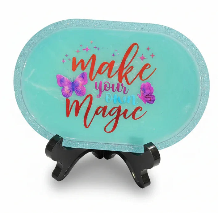 **Handcrafted "Make Your Own Magic" Resin Trinket Tray - Teal Butterfly Jewelry Dish | Inspirational Vanity Decor by Crazy Chaotic Crafter**