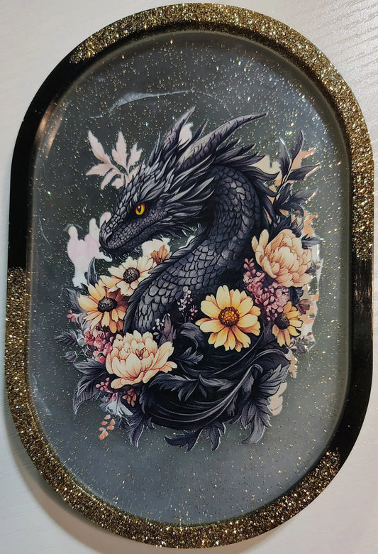 **Handcrafted Midnight Dragon Resin Trinket Tray - Floral Gothic Fantasy Decor | Shimmering Gold Glitter Tray by Crazy Chaotic Crafter**