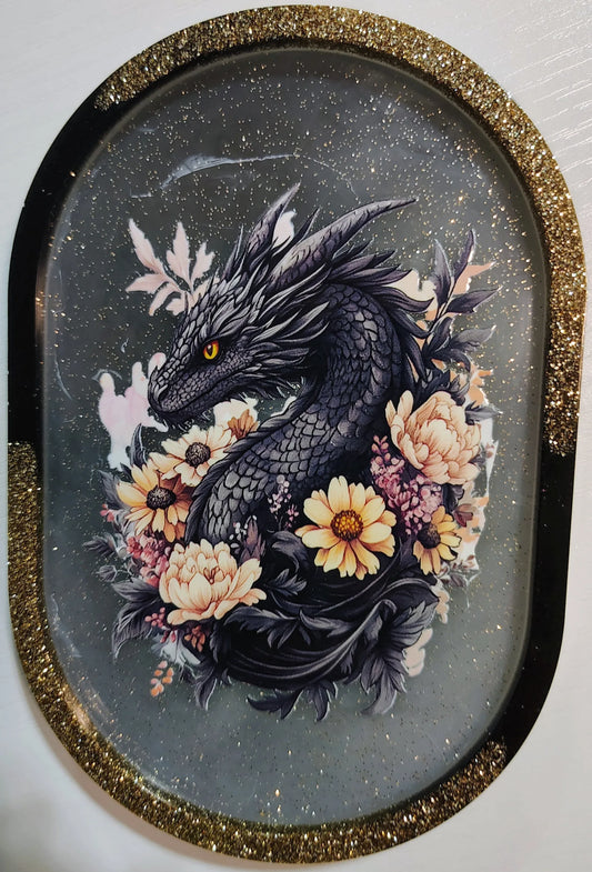**Handcrafted Midnight Dragon Resin Trinket Tray - Floral Gothic Fantasy Decor | Shimmering Gold Glitter Tray by Crazy Chaotic Crafter**