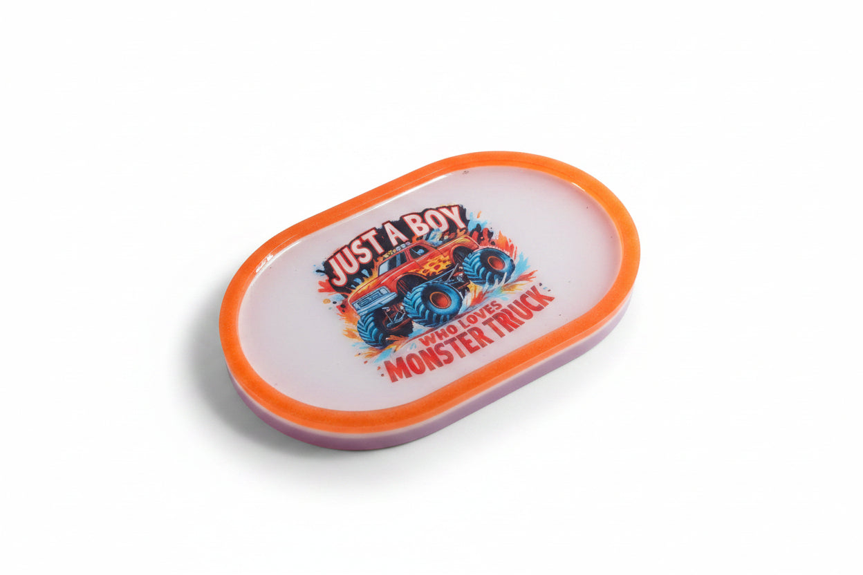 **Handcrafted "Just A Boy Who Loves Monster Trucks" Resin Tray | Red Sparkle Action Decor for Boys by Crazy Chaotic Crafter**