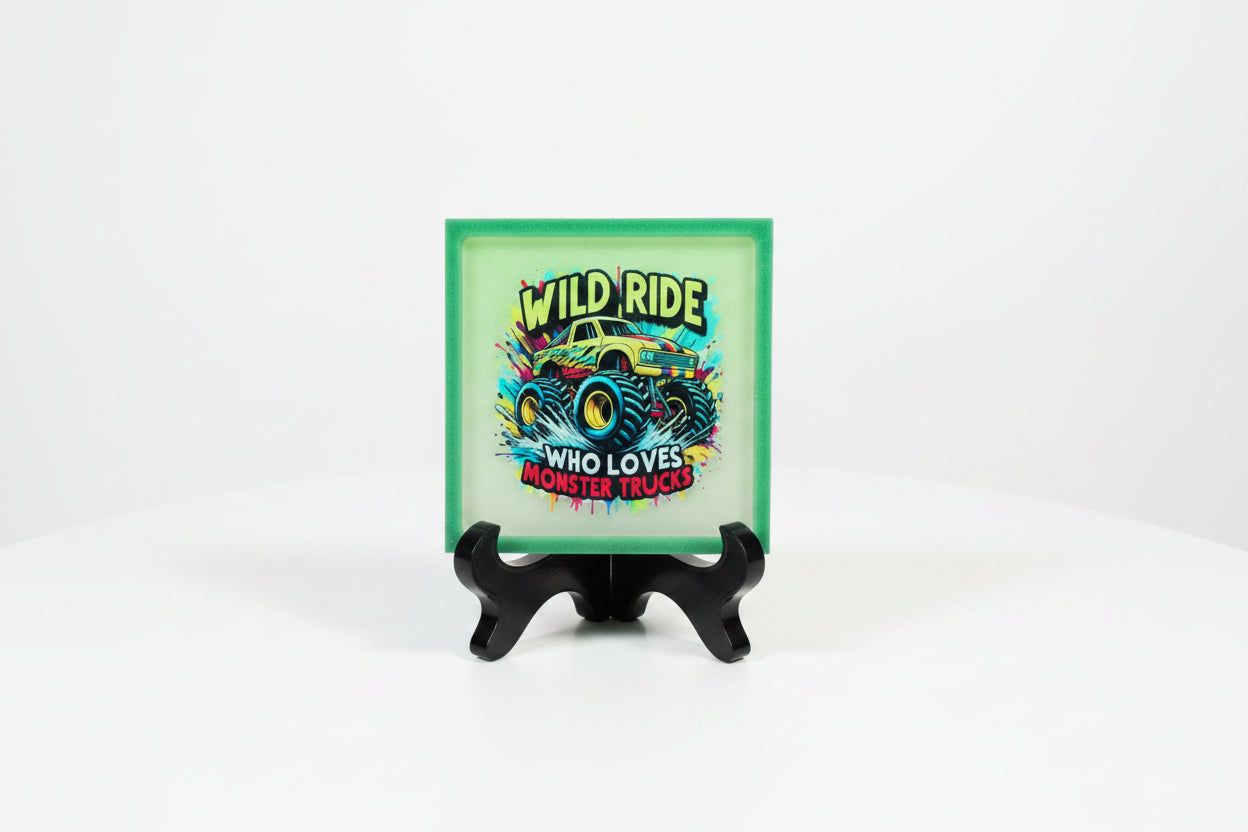 *Handcrafted "Wild Ride" Monster Truck Resin Art Plaque – Teal Marbled Wall Decor | Kids Room & Playroom Art | Crazy Chaotic Crafter*