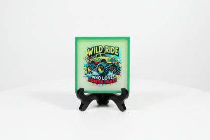 *Handcrafted "Wild Ride" Monster Truck Resin Art Plaque – Teal Marbled Wall Decor | Kids Room & Playroom Art | Crazy Chaotic Crafter*