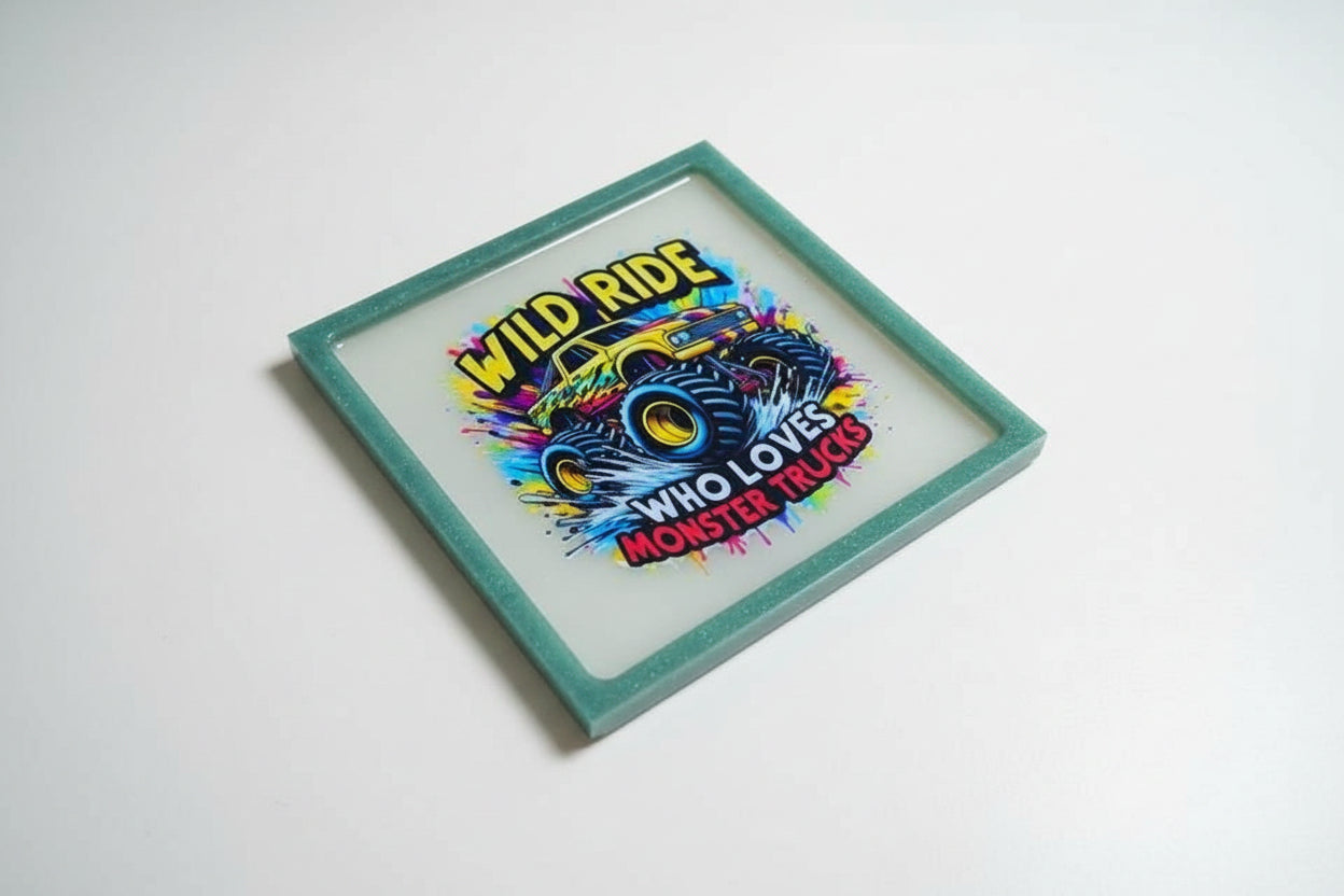 *Handcrafted "Wild Ride" Monster Truck Resin Art Plaque – Teal Marbled Wall Decor | Kids Room & Playroom Art | Crazy Chaotic Crafter*