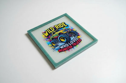 *Handcrafted "Wild Ride" Monster Truck Resin Art Plaque – Teal Marbled Wall Decor | Kids Room & Playroom Art | Crazy Chaotic Crafter*