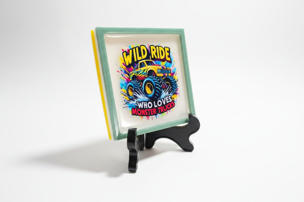 *Handcrafted "Wild Ride" Monster Truck Resin Art Plaque – Teal Marbled Wall Decor | Kids Room & Playroom Art | Crazy Chaotic Crafter*