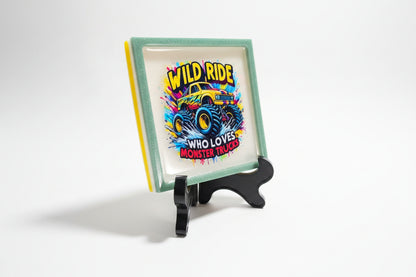 *Handcrafted "Wild Ride" Monster Truck Resin Art Plaque – Teal Marbled Wall Decor | Kids Room & Playroom Art | Crazy Chaotic Crafter*