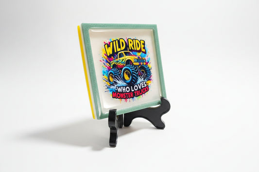 *Handcrafted "Wild Ride" Monster Truck Resin Art Plaque – Teal Marbled Wall Decor | Kids Room & Playroom Art | Crazy Chaotic Crafter*