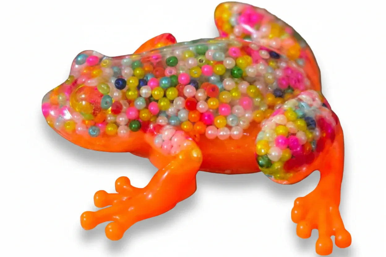 **Handcrafted Neon Orange Beaded Resin Frog Figurine - Vibrant Maximalist Animal Decor | Playful Desk Accessory by Crazy Chaotic Crafter**