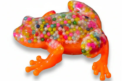 **Handcrafted Neon Orange Beaded Resin Frog Figurine - Vibrant Maximalist Animal Decor | Playful Desk Accessory by Crazy Chaotic Crafter**