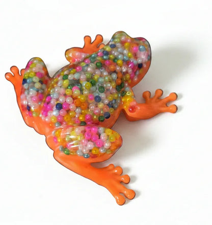 **Handcrafted Neon Orange Beaded Resin Frog Figurine - Vibrant Maximalist Animal Decor | Playful Desk Accessory by Crazy Chaotic Crafter**