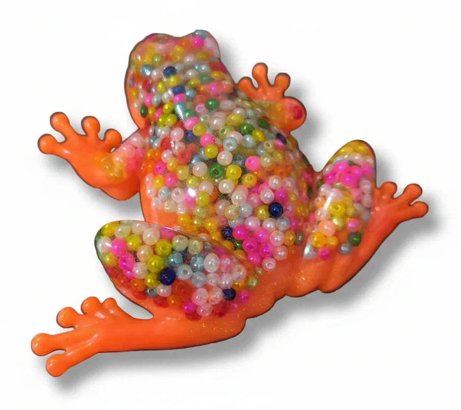 **Handcrafted Neon Orange Beaded Resin Frog Figurine - Vibrant Maximalist Animal Decor | Playful Desk Accessory by Crazy Chaotic Crafter**