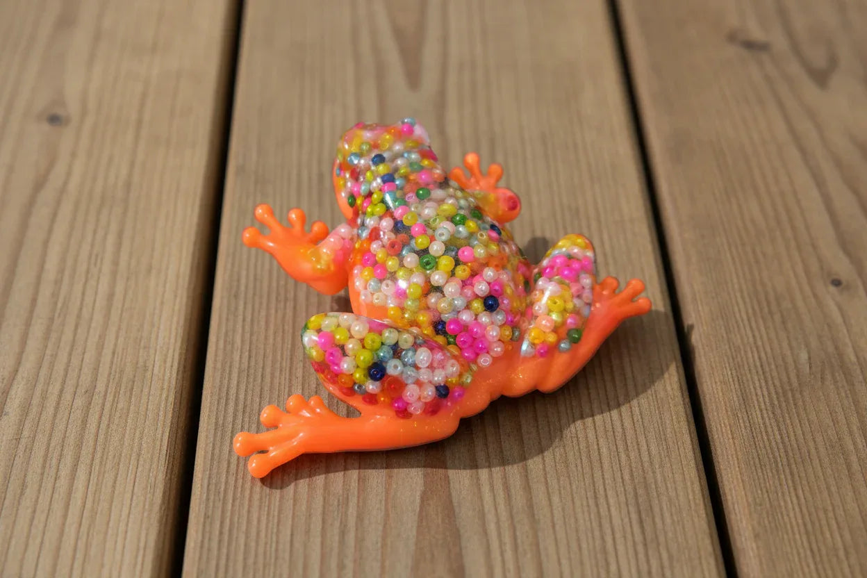 **Handcrafted Neon Orange Beaded Resin Frog Figurine - Vibrant Maximalist Animal Decor | Playful Desk Accessory by Crazy Chaotic Crafter**