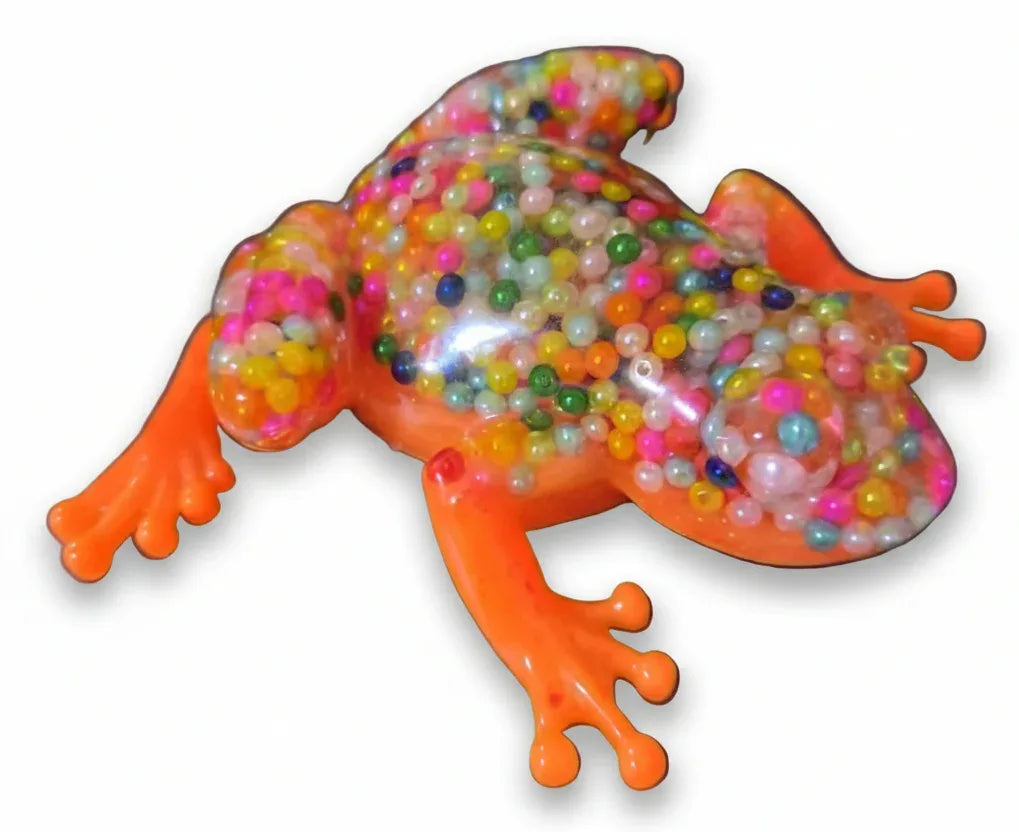 **Handcrafted Neon Orange Beaded Resin Frog Figurine - Vibrant Maximalist Animal Decor | Playful Desk Accessory by Crazy Chaotic Crafter**