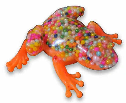 **Handcrafted Neon Orange Beaded Resin Frog Figurine - Vibrant Maximalist Animal Decor | Playful Desk Accessory by Crazy Chaotic Crafter**
