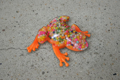 **Handcrafted Neon Orange Beaded Resin Frog Figurine - Vibrant Maximalist Animal Decor | Playful Desk Accessory by Crazy Chaotic Crafter**