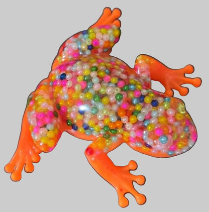 **Handcrafted Neon Orange Beaded Resin Frog Figurine - Vibrant Maximalist Animal Decor | Playful Desk Accessory by Crazy Chaotic Crafter**