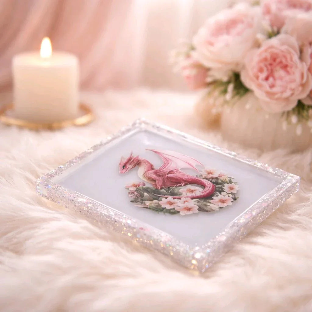 Rectangular Pink Dragon on White Tray or Wall Decor