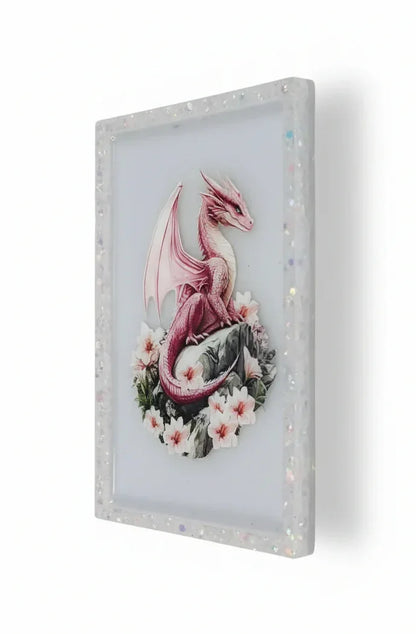 Rectangular Pink Dragon on White Tray or Wall Decor