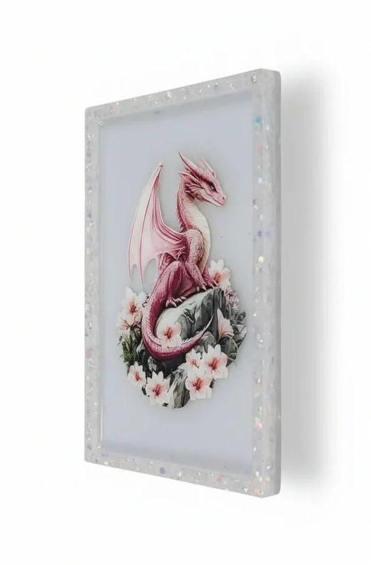 Rectangular Pink Dragon on White Tray or Wall Decor