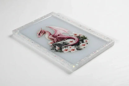 Rectangular Pink Dragon on White Tray or Wall Decor