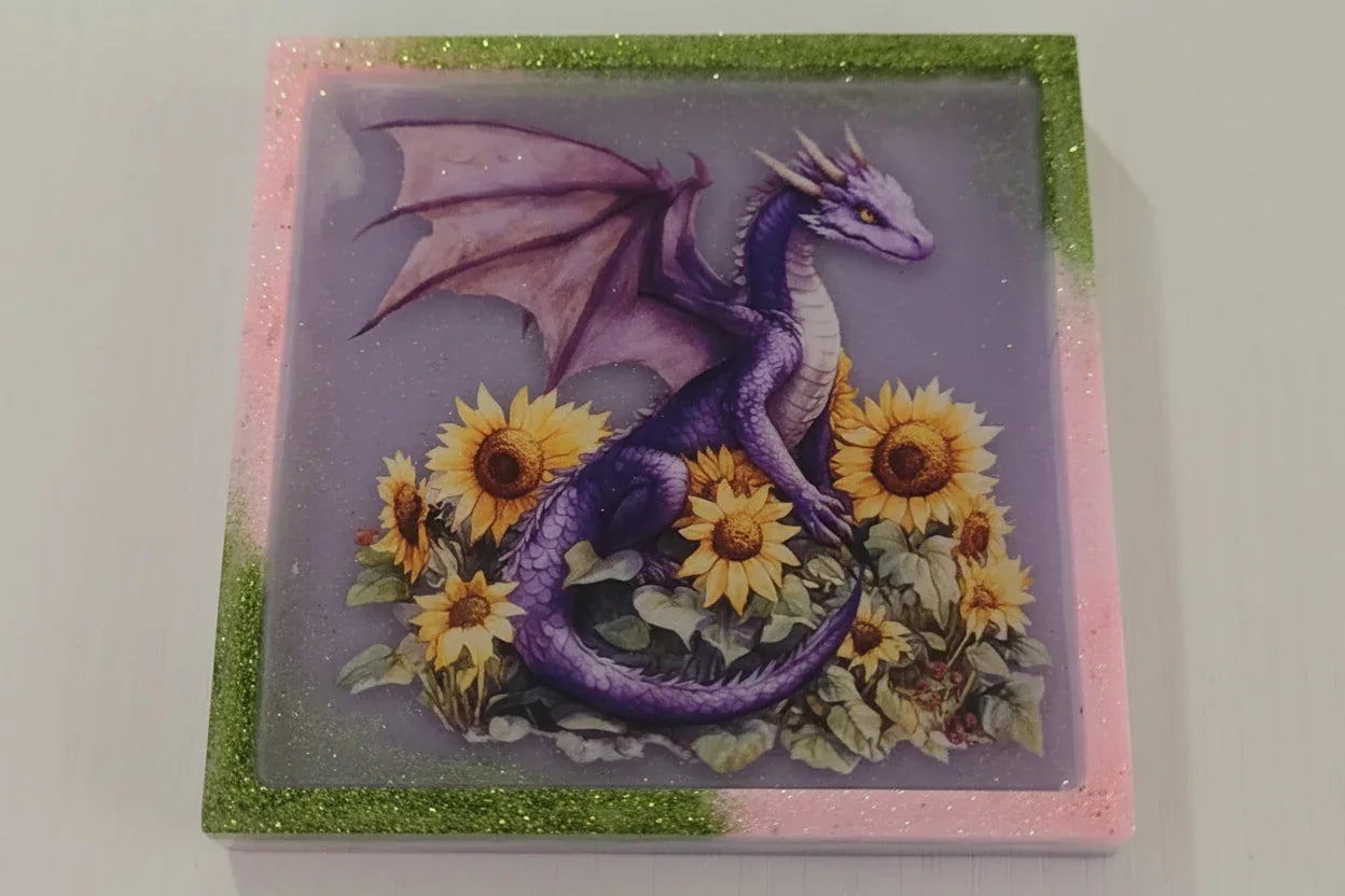 **Handcrafted Purple Sunflower Dragon Resin Plaque - Whimsical Summer Fantasy Decor | Crazy Chaotic Crafter**