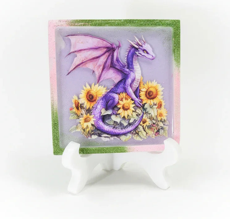 **Handcrafted Purple Sunflower Dragon Resin Plaque - Whimsical Summer Fantasy Decor | Crazy Chaotic Crafter**