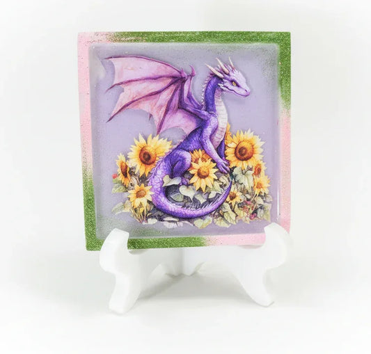 **Handcrafted Purple Sunflower Dragon Resin Plaque - Whimsical Summer Fantasy Decor | Crazy Chaotic Crafter**