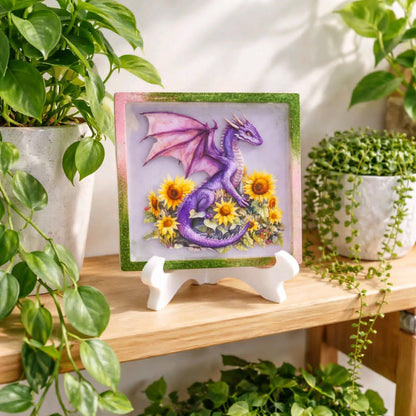 **Handcrafted Purple Sunflower Dragon Resin Plaque - Whimsical Summer Fantasy Decor | Crazy Chaotic Crafter**