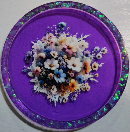 **Handcrafted Floral Resin Trinket Tray Set - Purple & Teal Botanical Jewelry Dish | Shimmering Vanity Decor by Crazy Chaotic Crafter**