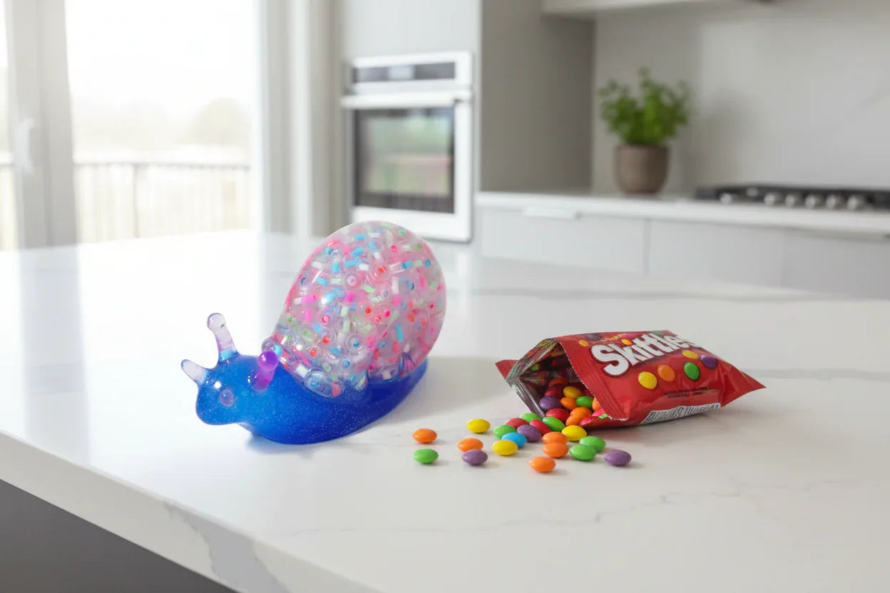 **Handcrafted Blue Multicolor Beaded Resin Snail Figurine - Rainbow "Skittles" Maximalist Decor | Whimsical Artisan Desk Pet by Crazy Chaotic Crafter**