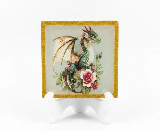 **Handcrafted Green Rose Dragon Resin Plaque - Enchanted Forest Fantasy Decor | Crazy Chaotic Crafter**