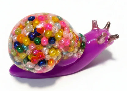 **Handcrafted Bright Violet Multicolor Beaded Resin Snail Figurine - Rainbow "Gumball" Maximalist Decor | Whimsical Artisan Desk Pet by Crazy Chaotic Crafter**