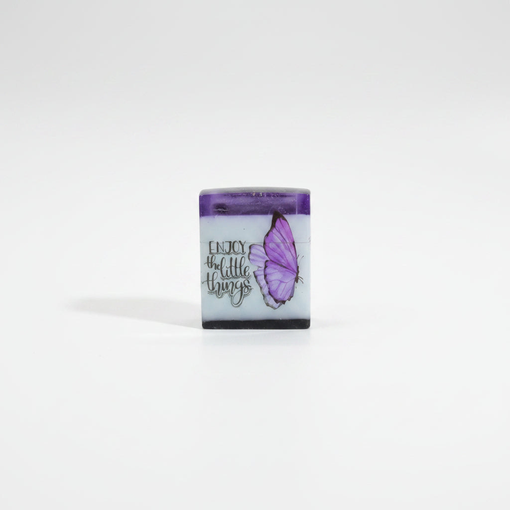 Square Handcrafted Resin Jar Layered in Purple White & Black w/ Butterflies Flowers and Quotes