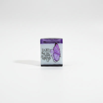 Square Handcrafted Resin Jar Layered in Purple White & Black w/ Butterflies Flowers and Quotes