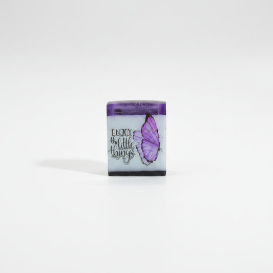 Square Handcrafted Resin Jar Layered in Purple White & Black w/ Butterflies Flowers and Quotes