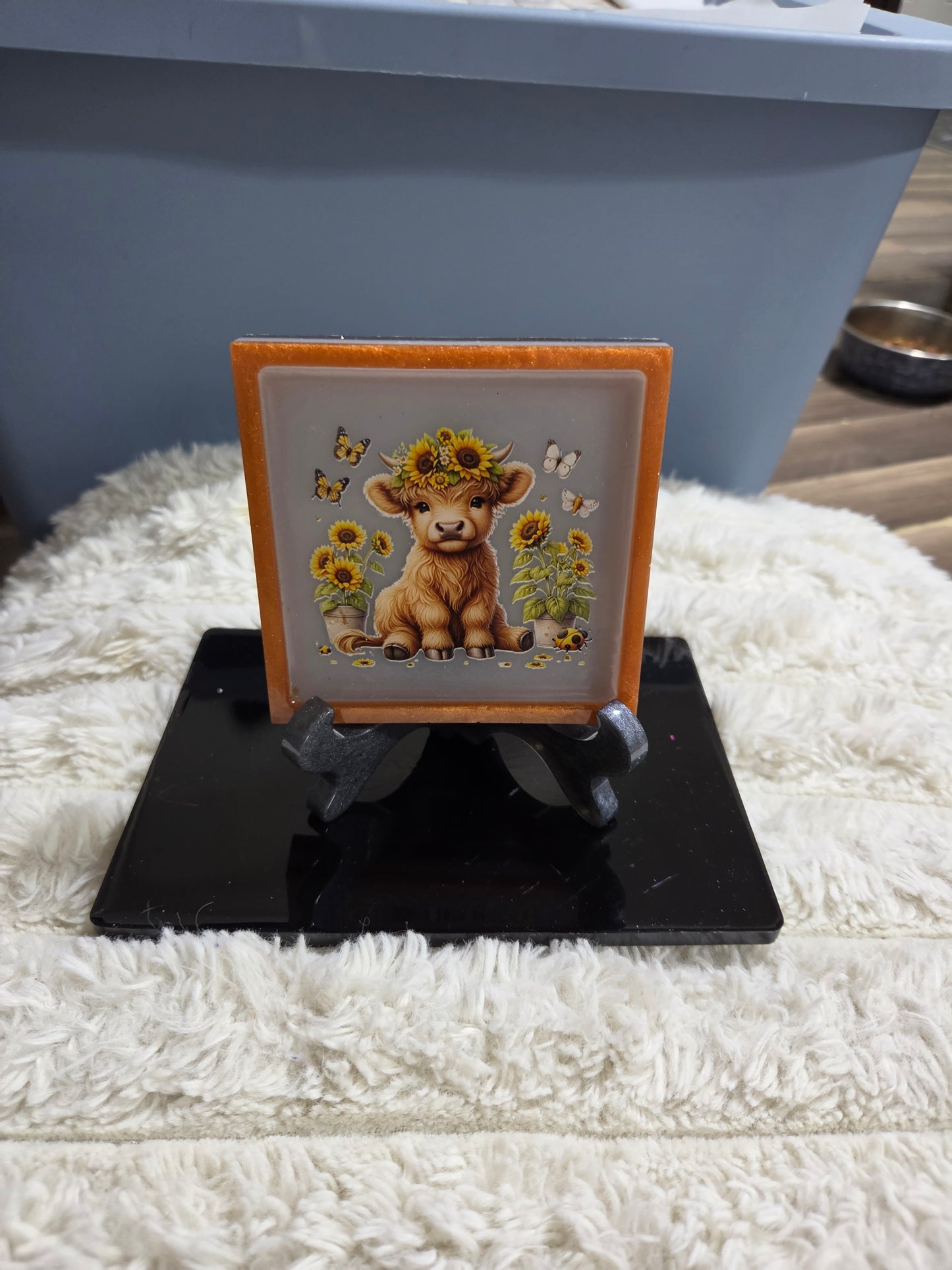 Square Plaque/Display with Highland Cow Calf, Butterflies and Sunflowers