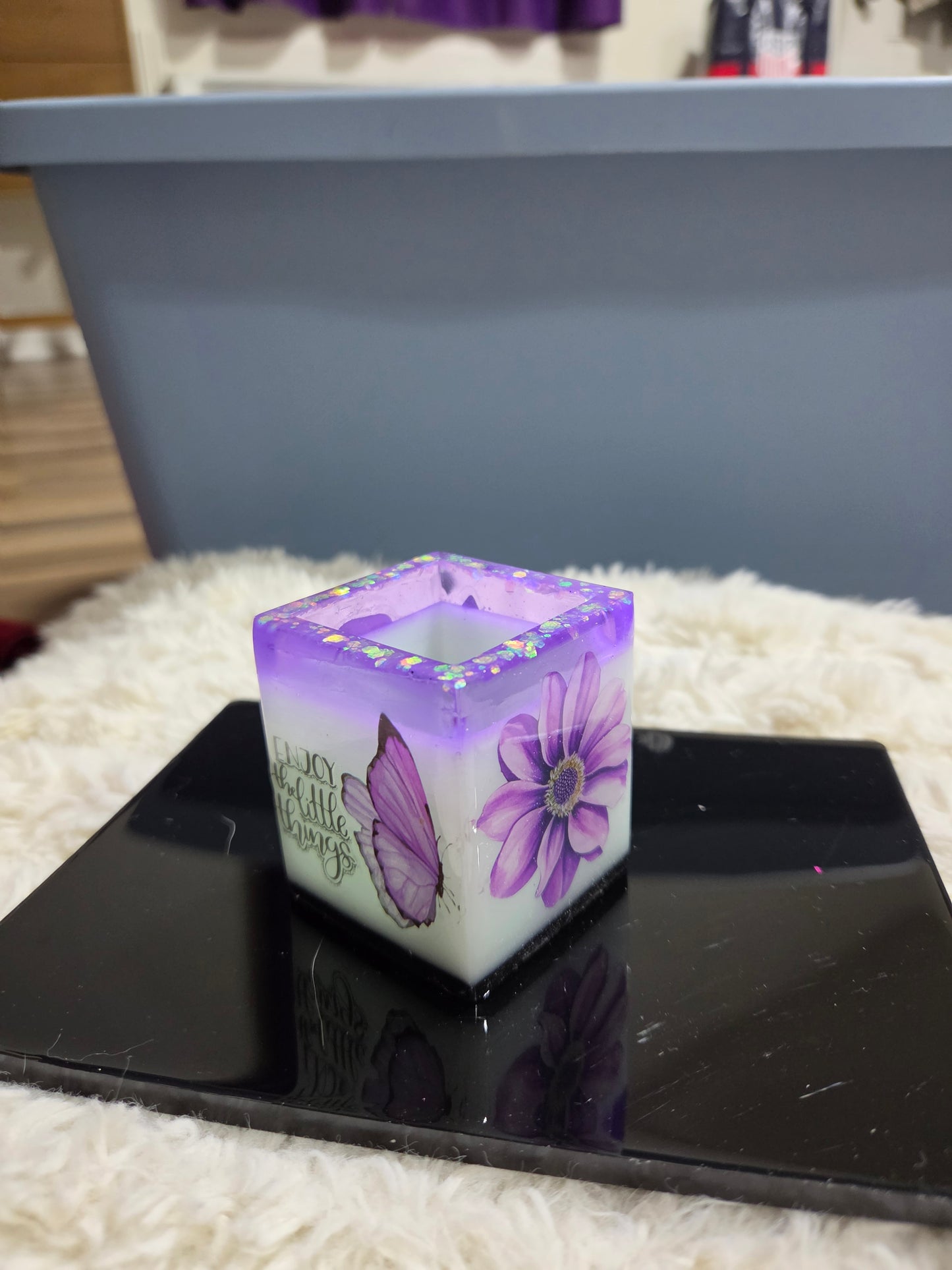 Square Handcrafted Resin Jar Layered in Purple White & Black w/ Butterflies Flowers and Quotes