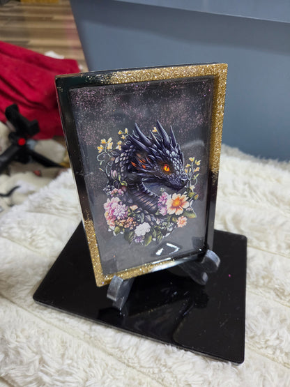 Rectangular or Oblong Black/Gold Framed Handcrafted Resin Tray/Display featuring Black Dragons