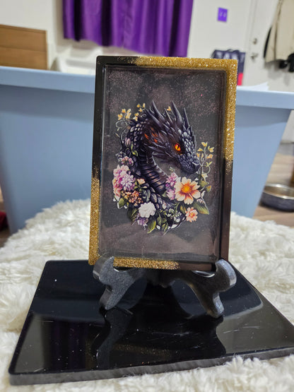Rectangular or Oblong Black/Gold Framed Handcrafted Resin Tray/Display featuring Black Dragons