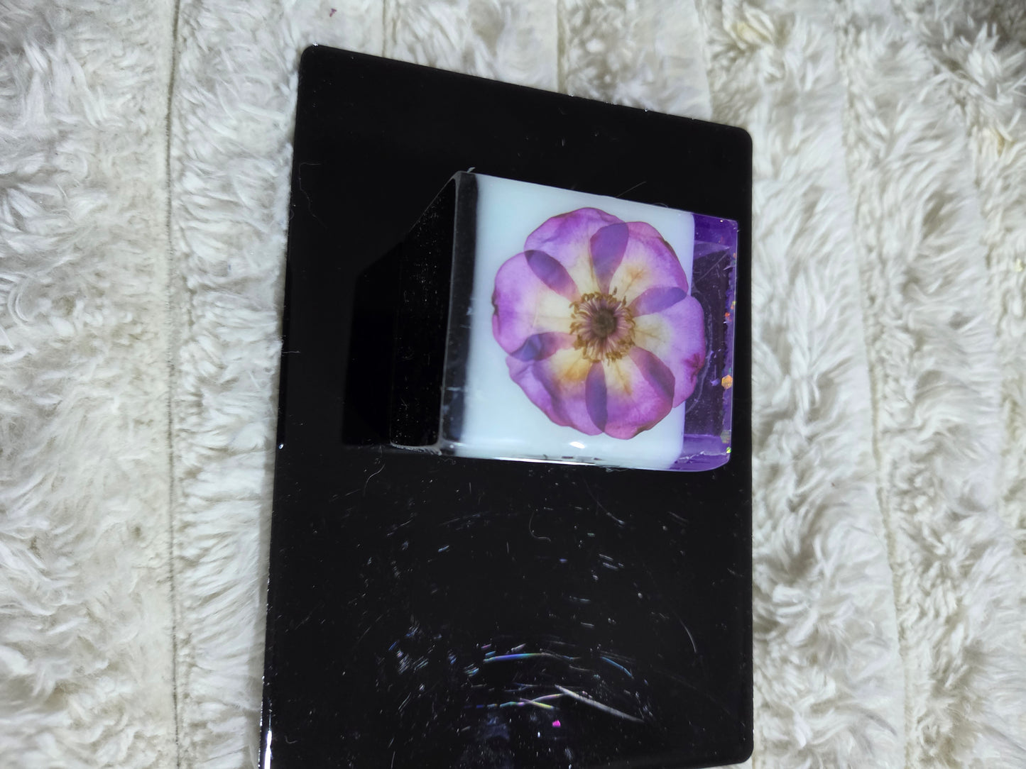 Square Handcrafted Resin Jar Layered in Purple White & Black w/ Butterflies Flowers and Quotes